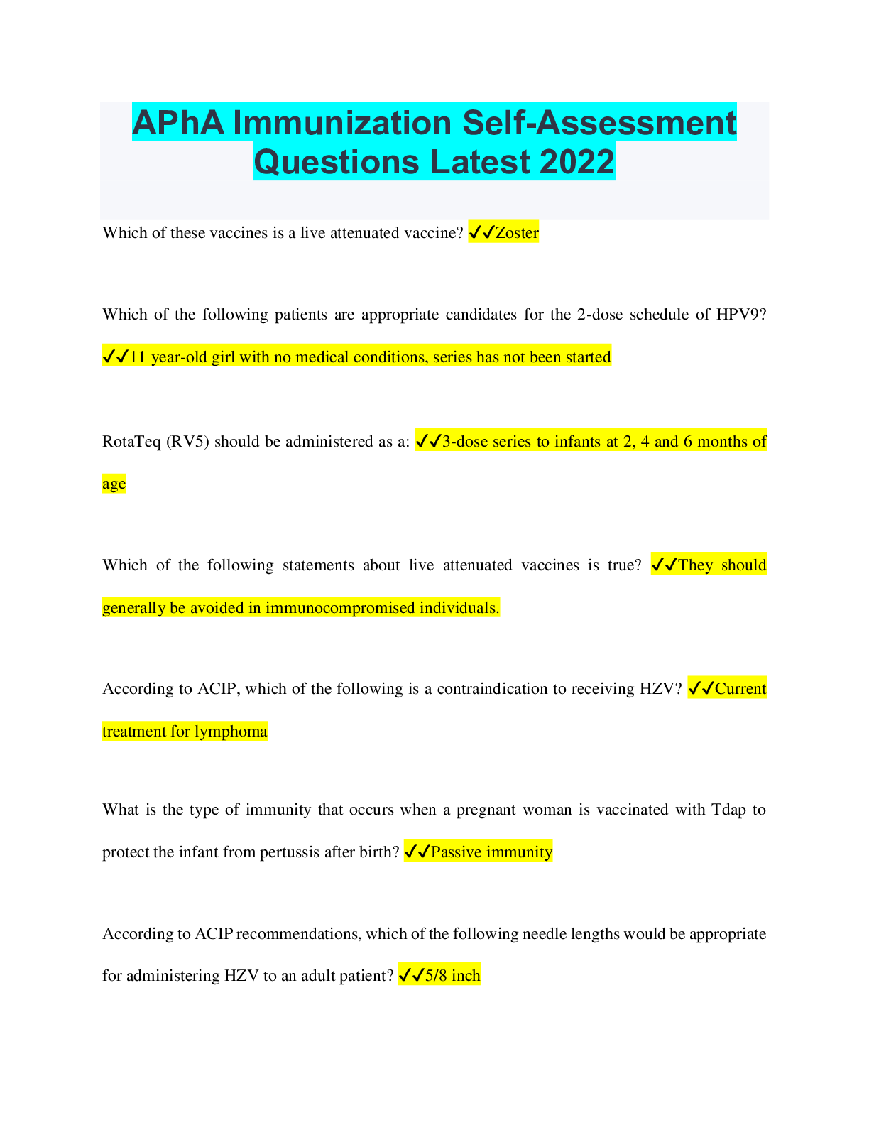 Preview of APhA Immunization Self-Assessment Questions Latest 2022